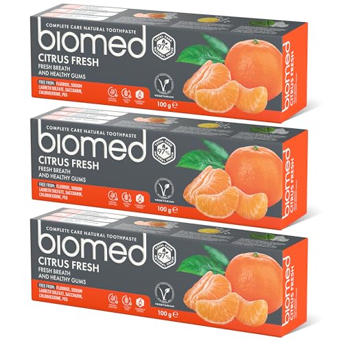 Pasta de dientes 97% natural Biomed Citrus Fresh | Naranja, aliento fresco, encías saludables | Aceites esenciales de mandarina, pomelo y limón, sabor a frutas, apto para vegetarianos, sin SLES 3x100g