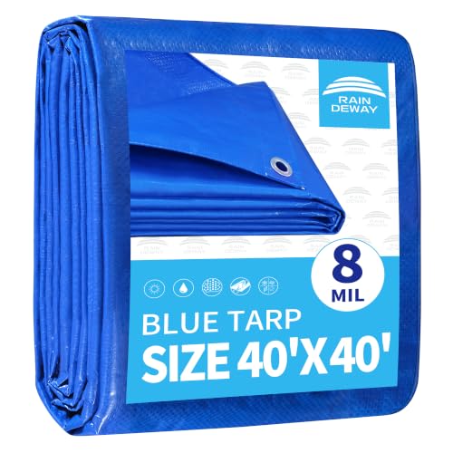 RAINDEWAY Tarps 40x40 Feet 8 Mil Blue Large Tarp UV Resistant Durable Multipurpose Waterproof Poly Tarp Cover with Metal Grommets and Reinforced Edges