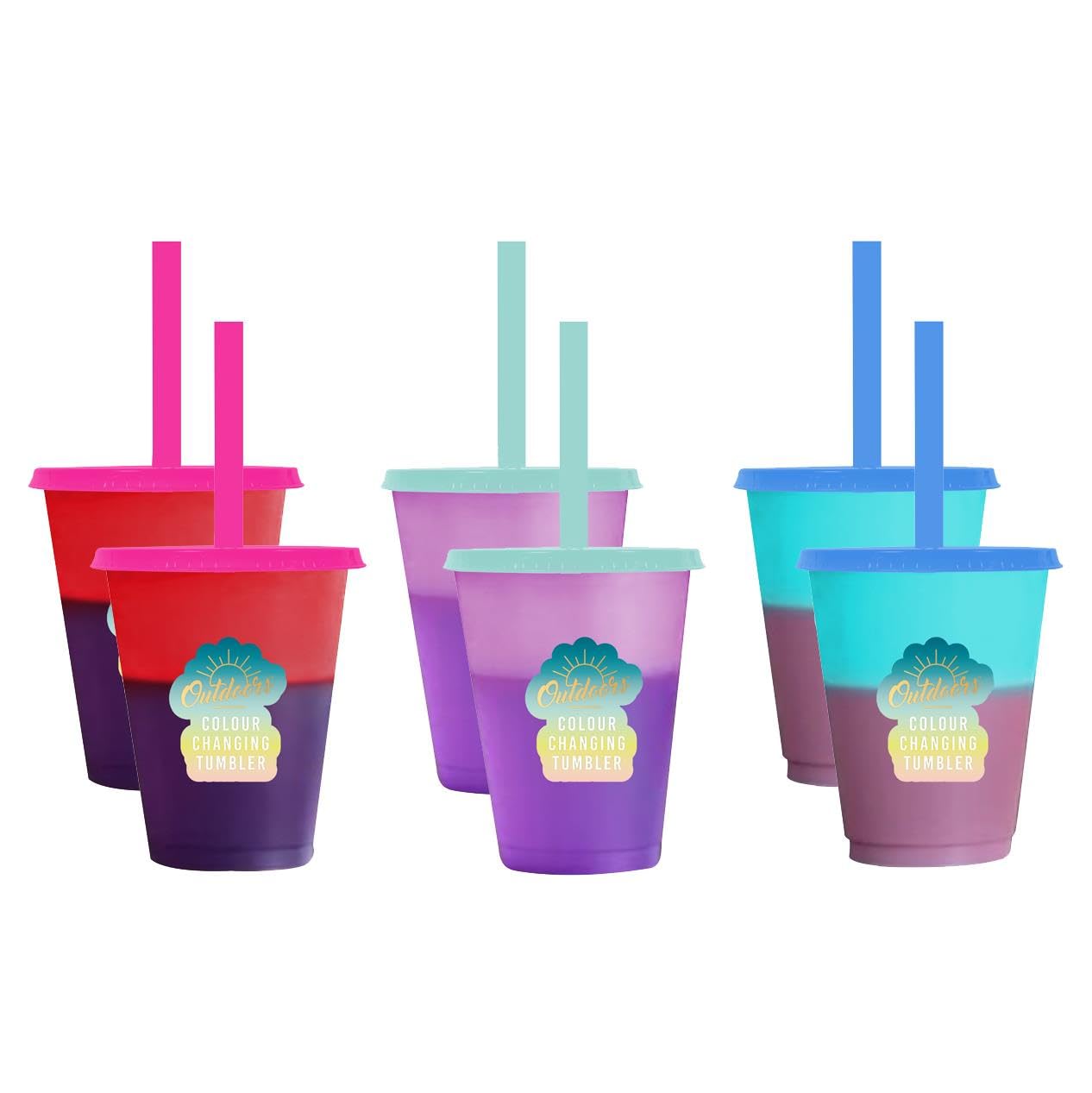 YöL Pack of 6 Colour Changing Tumblers 450ml Lid Straw Summer Picnic Reusable Cup Outdoor Kids Iced Coffee Drinks