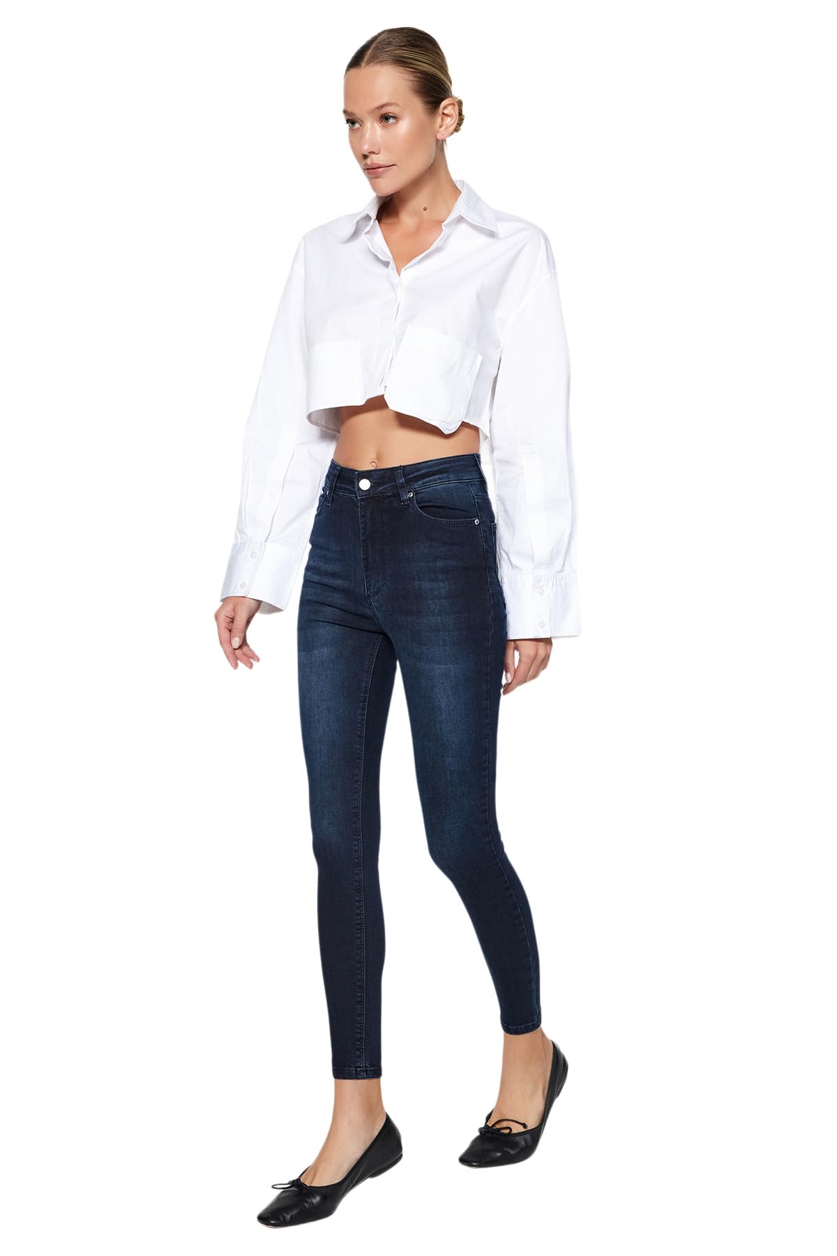 Trendyol Damen Navy Blue High Waist Skinny Jeans Twoaw24je00066, 44