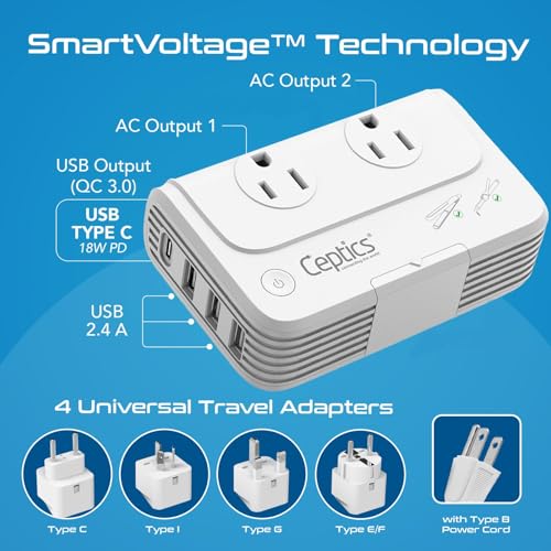 Image of Ceptics 200W Voltage Converter - 220V to 110V Converter for Curling Iron & Straightener, Step Down Converter with USB-C PD 18W, Type C E /F G I Plugs