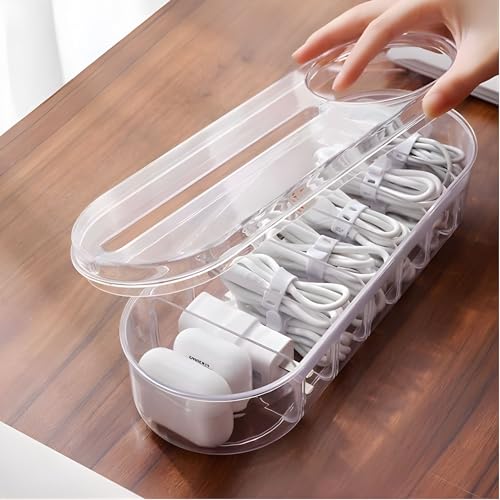 Image of Hian Transparent Rectangular PET Plastic Cable Organizer Box with Lid - 7 Compartment Storage & Wire Management for USB, Data Cables, Small Accessories, Stationery for Home & Office, Pack of 1