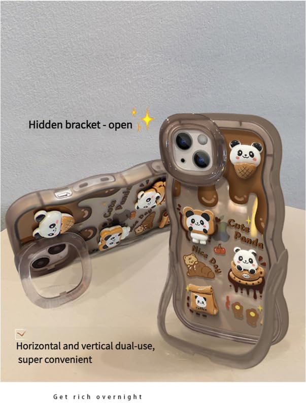 Image of COVERLY 3D Cute Creative Bear Panda Cartoon Chocolate Coffee Decor Wave Curly Edge Invisible Double Phone Stand Holder Happy Doll Cover Girly Charm Case for Apple iPhone 15 Pro Max (Brown)