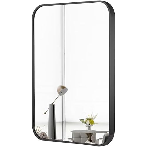 DOIMUSIM Black Vanity Mirror Bathroom for Over Sink,Wall-Mounted Aluminum Framed Mirror for Bedroom,Restroom,Corner,Modern Rounded Corner Anti-Rust Hanging Mirrors of Home-12 * 16in