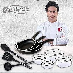 Sartenes Navy Black San Ignacio San Ignacio Navy Black Set de 3 sartenes + 4 recipientes herméticos + 3 Utensilios de Cocina, Aluminio Prensado, Negro
