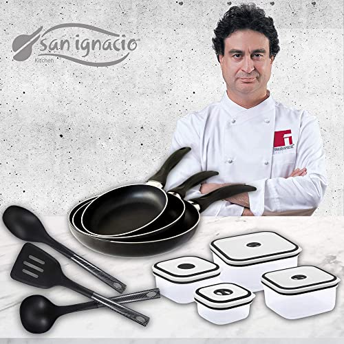San Ignacio Navy Black Set de 3 sartenes + 4 recipientes herméticos + 3 Utensilios de Cocina, Aluminio Prensado, Negro