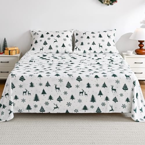 Image of Viviland Microfleece Full Bed Sheet Set, Green Deer | Soft Flannel-like Fleece, 100% Polyester, Fluffy Velvety Feel, 200GSM, 15 inch Deep Pocket, Warm Winter Gift & Decor