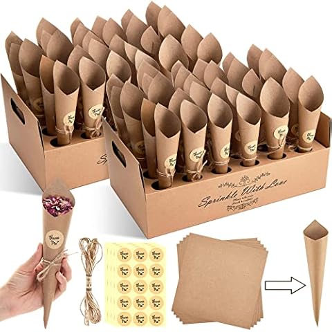 Nezyo 60 Pcs Confetti Cones with Holder Wedding and Favours Cone Including Paper Ropes Adhesive Stickers Box Tray Tape for Birthday Party (Brown), 17 x 17 cm,3 cm Cover