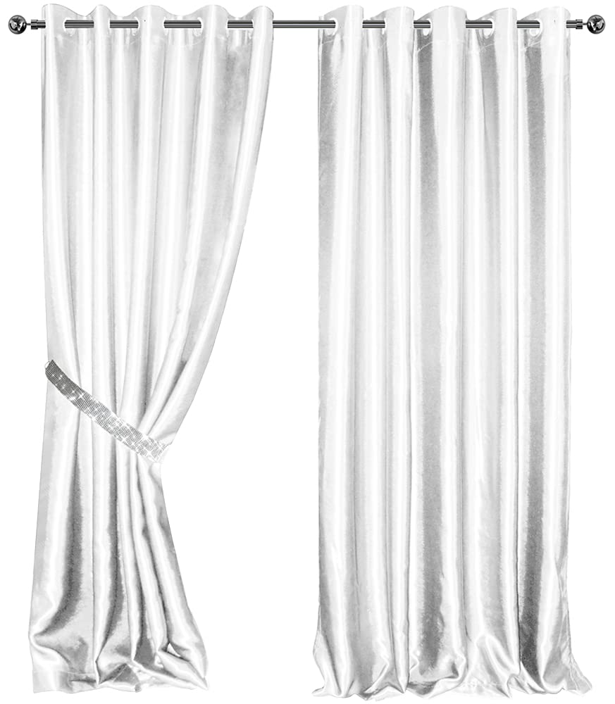 LES4U White Satin Curtains Eyelet Glitzy Diamante Tie Backs Pair 2 Silk Look Panels Thermal Soft Insulated Blockout Light Reducing Ring Top Room Darkening Bedroom Curtain (W66 x L90 Inch