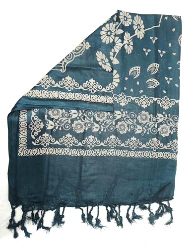 Image of Teal Floral Printed Dupatta for Women, with Tassel Ends, Lightweight Wrap Scarf Stole