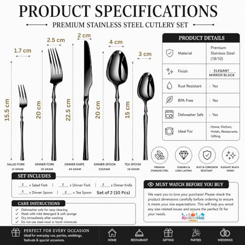 Image of Elegant Handle Black 10 Pcs Heavy Duty Stainless Steel Cutlery Set for Dining Table (2 pcs Spoon Set+2 pcs Forks Set+2 pcs Butter Knife+2 pcs Dessert Spoon+ 2 Pcs Fuit Fork for Kitchen)