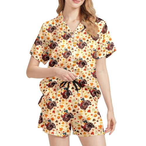 Image of Funny Satin Pajamas Set for Women Button Down Sleepwear Print Pjs Set 2 Piece Short Sleeve Loungewear Gift for Women