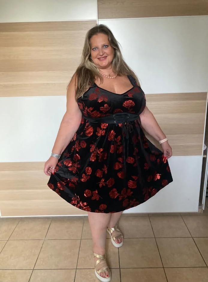 Image of Rosegal Women Plus Size Gilding Rose Lace Up Velvet Sleeveless Swing Dress