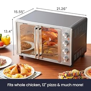 Elite Gourmet ETO4524 45L Countertop Convection Toaster Oven, French Doors, Adjustable Temperature & Timer, Bake, Roast, Broil, Toast, Includes Baking Pan, Rack, Rotisserie, Stainless Steel