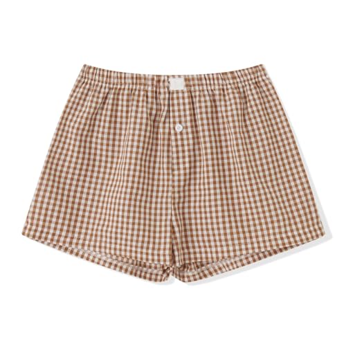 Image of Sumleno Womens Y2k Aesthetic Boxer Shorts Plaid Elastic Waist Lounge Pj Bottoms Summer Casual Gingham Pajamas Shorts