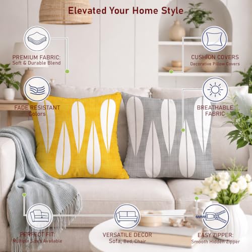Image of STITCHNEST Set of 2 Polycotton Cushion Covers - Yellow & Grey Abstract Drop Design - 24x24 Inches - Soft & Durable Cushion Covers for Sofa, Bed & Living Room | Perfect for Home Decor