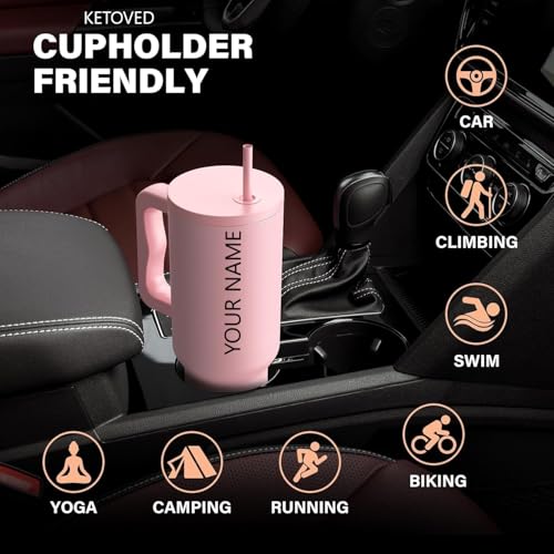 Image of Personalised with Your Name, 1200ml Tumbler with Straw-Handle-Stainless Steel Double Wall Insulated Cup | Leakproof Sipper Mug for Hot-Cold Drinks |Coffee - WaterTumbler (Pink Custom)