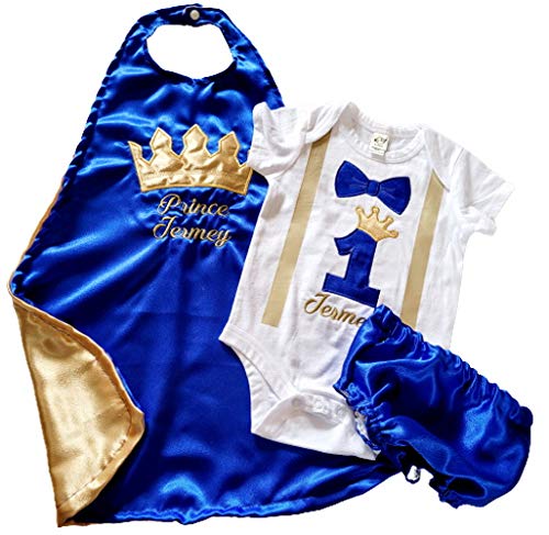 1st 2nd Birthday KING or PRINCE Royal Blue gold crown onesie cape Blue diaper cover