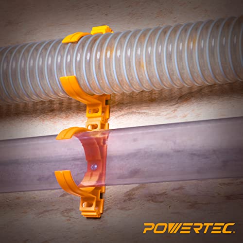 Image of POWERTEC 70342 Open Style Hangers for 2-1 /2 inch Dust Collection Pipe and Hose with Multi Mounting Options, 4.5lb Holding Capacity - 5 PK Orange