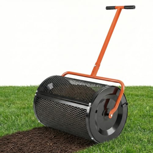 COSTWAY Kompoststreuer 77 L Torfmoosstreuer mit höhenverstellbarem T-Griff & Mesh-Korb Ø40x61cm Düngerstreuer für Garten Rasen Gartenstreuer für Dünger Saat Handstreuer Kompostwalze (Orange)