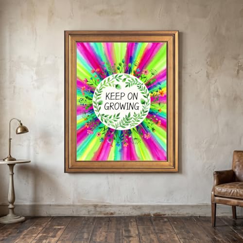 Framed Canvas Wall Art Vibrant Watercolor Floral Magenta Lime Sunburst Keep on Growing Canvas Print Poster Gold Frame Wall Decor for Office Bedroom Motivational, Botanical Art - Inch 8x10 - Image 7