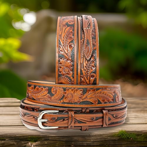 Ranger Western Leather Belt, Full Grain Leather Floral Embossed Carved Gun Belt Heavy Duty One piece Leather Belt4