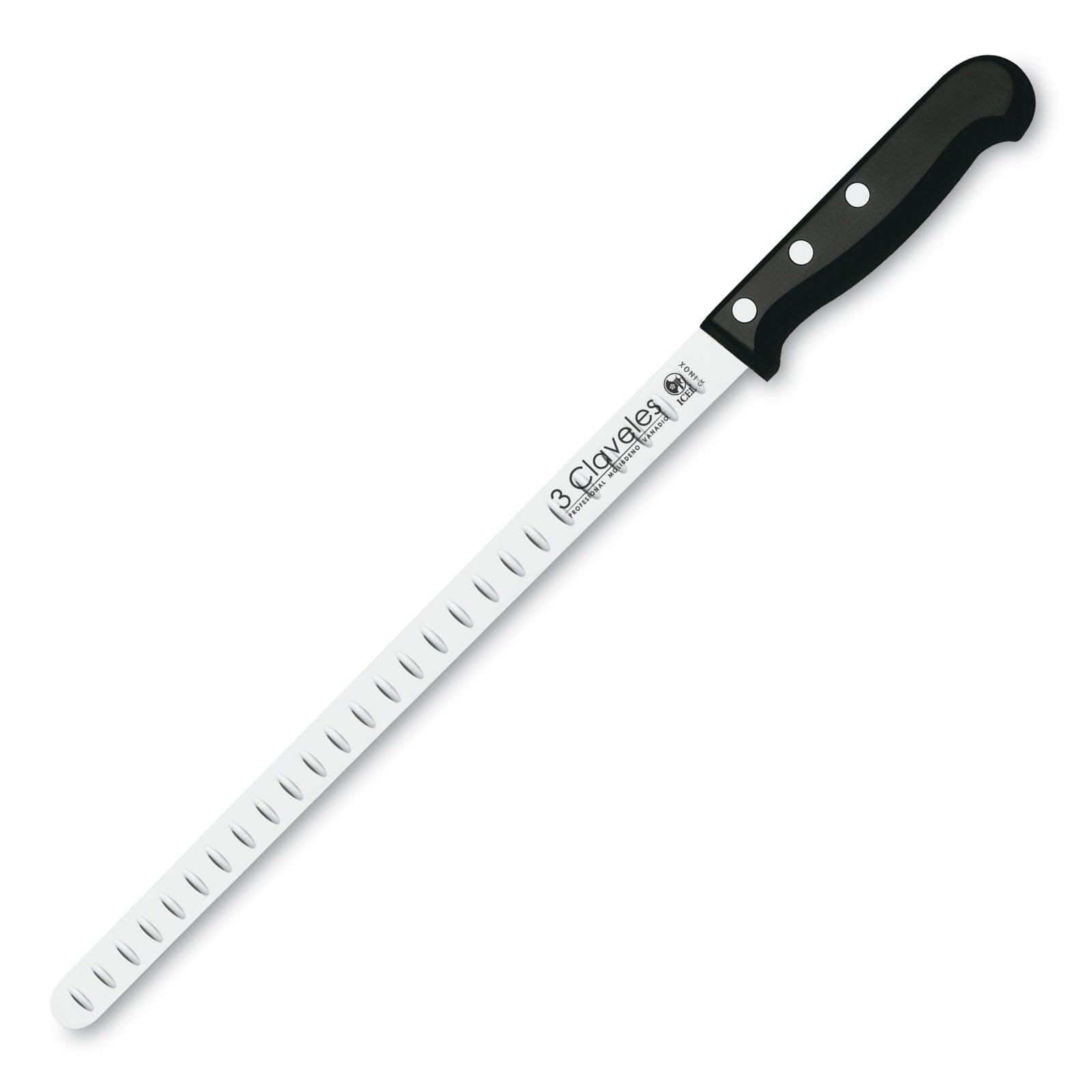 3 Claveles 00966 - Ensemble de couteaux à trancher à lame Creuse avec Fusil à Aiguiser, 29 cm, Noir