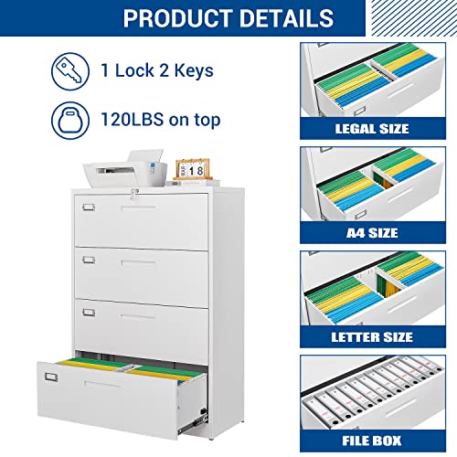Fesbos Lateral File Cabinet With Lock, 4 Drawer Large Metal Filing Cabinet,Home Office Lockable Storage Cabinet For Hanging Files Letter/Legal/F4/A4 Size-Assembly Required #TOP4