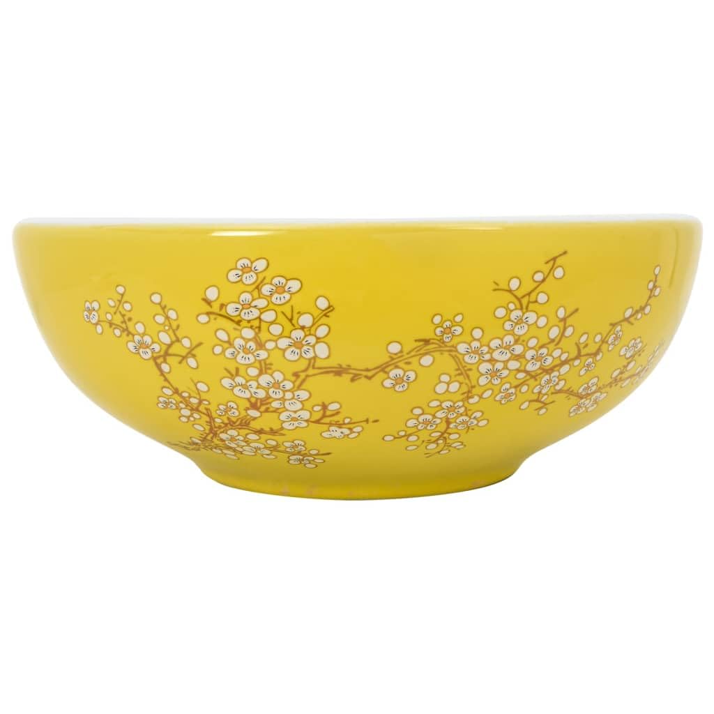 vidaXL Countertop Basin, Bathroom Sink for Above Counter, Wash Basin for Lavatory Cloakroom Office, Vessel Sink, White and Yellow Round Ceramic