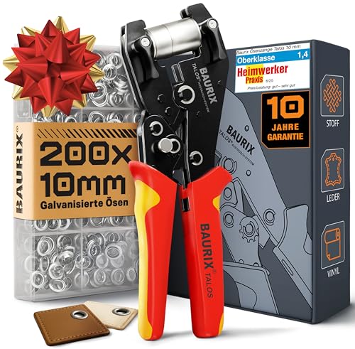BAURIX® Ösenzange für Planen inkl 200 rostfreie Ösen (Ø 10mm) für PVC, Stoff, Leder – Ohne Vorstanzen – Hält Ösen magnetisch – Karbonstahl-Werkzeug – ideal für Schneider, Heimwerker & Bastler – TALOS