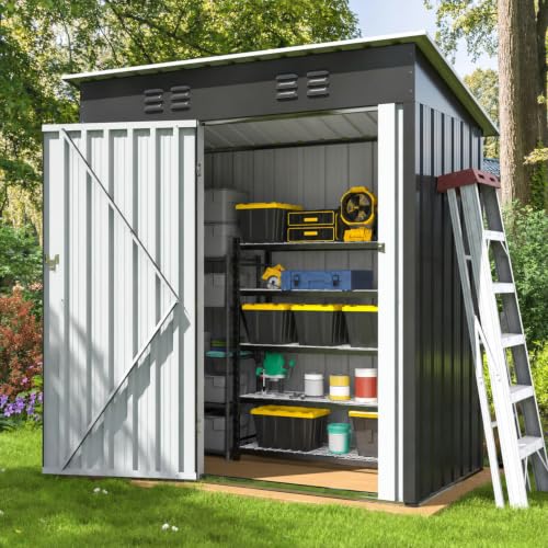 Image of AirWire 5x3 FT Outdoor Storage Shed Grey | Garden Shed with Updated Frame Structure and Lockable Doors, Metal Tool Sheds for Backyard Garden Patio Lawn