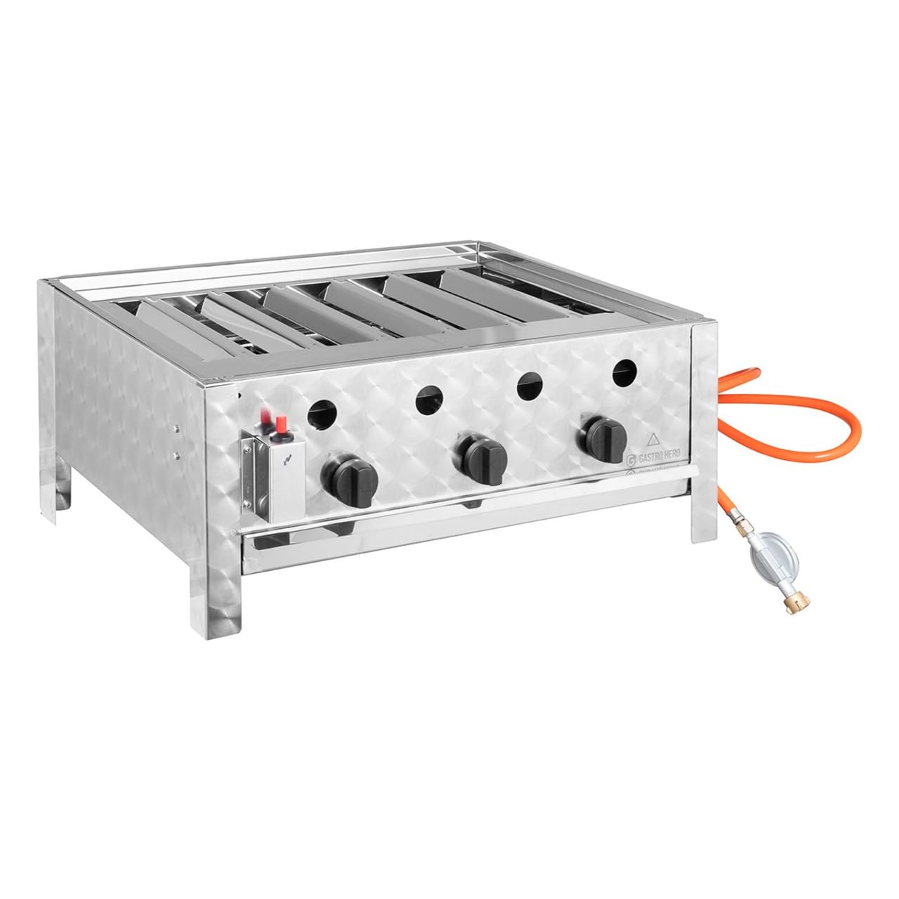 GastroHero Tischbräter, 3 Brenner, 10 kW, Edelstahl TBG3-T | Profi Gastro Kombibräter, Outdoor Tischgrill 650×570×270 mm inkl. Gasschlauch & Druckminderer