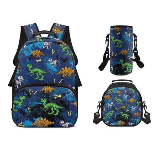 Funnydude Dinosaur Graphic Aesthetic Backpack with Lunch Box and Water Bottle Sleeve Girls Boys 3 in 1 Backpack Set