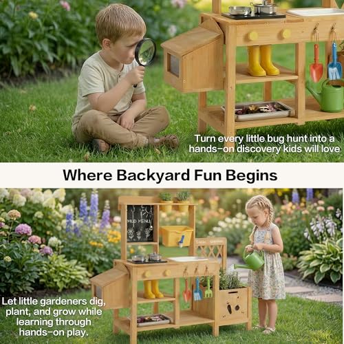 Image of Wooden Mud Kitchen for Kids with Running Water Sink, Outdoor Play Kitchen