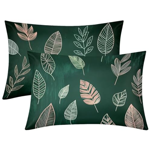 Funda Almohada Seda Verde Oliva, Juego de 2 Funda Almohada 60x80, Silk Pillowcase para el Cabello y la Piel, Suave Fundas Almohadas Seda con Cremallera, Silk Pillowcase para Regalo Mujer (Hoja) -1902