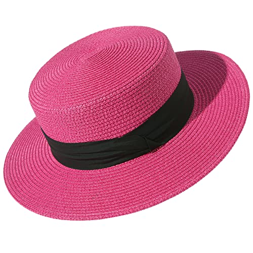 Lanzom Sun Hats for Women Wide Brim Straw Boater Hat Foldable Packable Beach Hat for Summer (Rose, Medium)