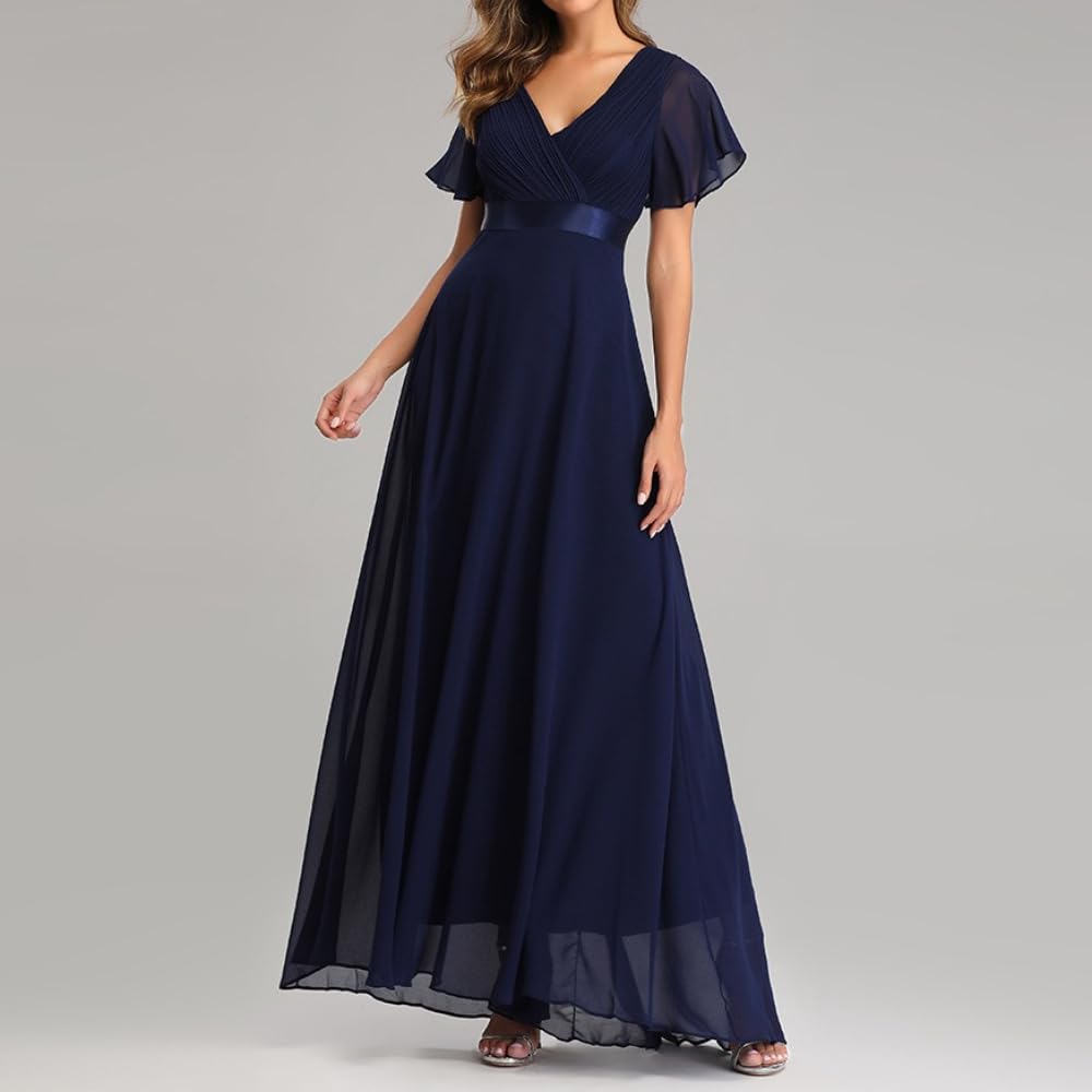 Elegantes Damen Festkleid Chiffon Ballkleid Lang Cocktailkleid V-Ausschnitt Glockenärmel Geschwungenes Saum Elastisch für Bankett Abend