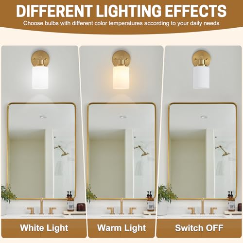 Image of 2-Pack, 1-Light Vanity Lights, Brushed Gold Bathroom Light Fixture with Textured Milky White Glass Shade, E26 Modern Vanity Lighting Fixture for Bathroom Wall Sconce