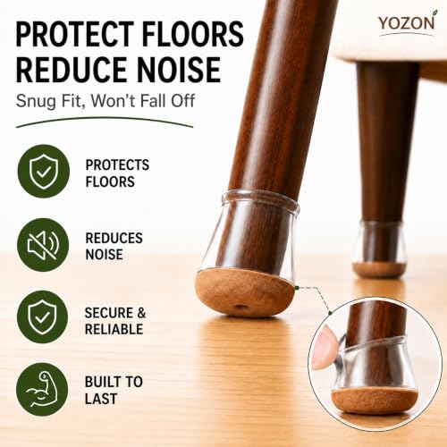 Image of YOZON Chair Leg Floor Protectors Silicone Caps Felt Strengthen Bottom | Round Chair Leg Protectors for Hardwood Floors Anti-Scratch Reduce Noise 32 Pack Clear Round Small Fit 1 /2 inchto15 /16 inch