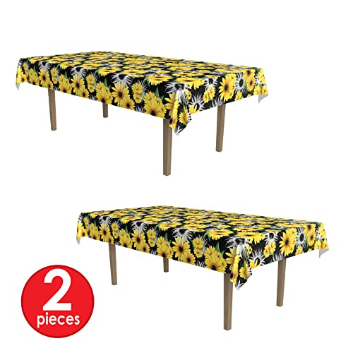 Image of Beistle Sunflower Tablecovers - 2-Pack Disposable Plastic Table Covers for Summer Parties, Rustic Farmhouse Events, Garden Celebrations and Fall Sunflower-Theme Decorations, 54 inch x 108 inch