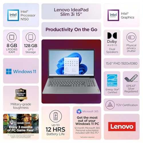 Image of Lenovo IdeaPad Slim 3i • 15.6 inch FHD Laptop with Microsoft 365 Included • Intel N150 • 8GB DDR5RAM • 128GB SSD • Windows 11
