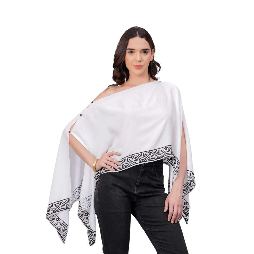 Women’s White Kimono Shrug Cover Up – Premium Cotton Boho Cape Top with Geometric Border Print | Stylish Open Front Beachwear Poncho Top for Casual Party Vacation Wear-image-46