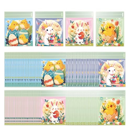 LuLiyLdJ 200 PièCes Sac Cadeau Enfant,Poussins Et Lapins De Dessin Animé,Pour Conserver Des Bonbons/Biscuits/Chocolats/Noix,Pour NoëL, PâQues, Halloween,...
