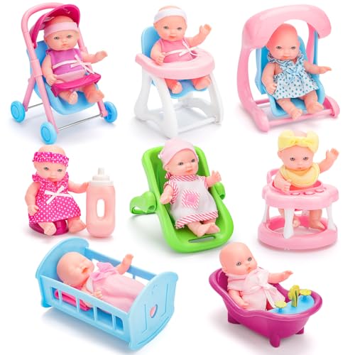 deAO 8 Stück Mini-Babypuppe mit Zubehör, Reborn Puppen Spielset mit...