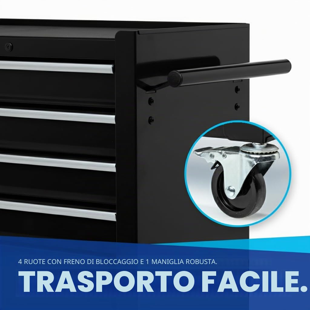 Carrello da officina NTG 4 cassetti + ampio vano - vuoto - Cassetti con cuscinetti a sfera - Dispositivo di sicurezza per il trasporto - 2 ruote con freno di stazionamento - Carrello portautensili