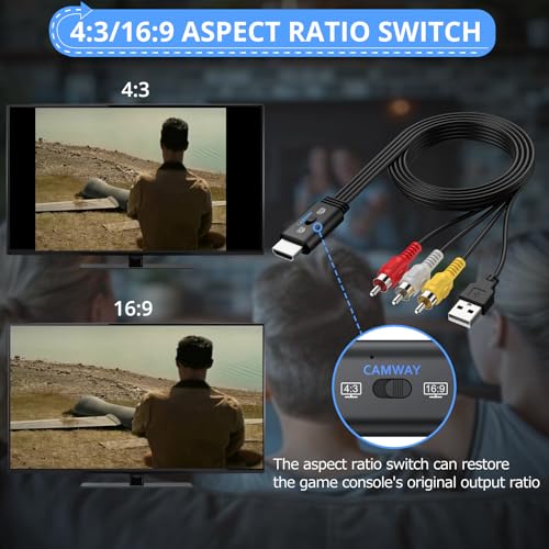 Image of CAMWAY 1080P RCA to HDMI Converter Male Cable 5ft - Lossless Transmission,16:9 /4:3 Switch,Pro AV to HDMI Adapter for VCRs /VHS /DVD Player,Mini Composite CVBS Audio Video Adapter,PAL,NTSC Support