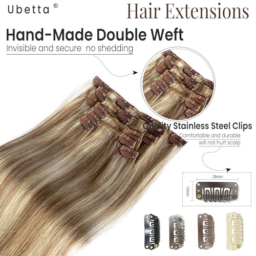 Image of Clip in Hair Extensions Ash Brown Mixed Platinum Blonde Highlights Hair Extensions Real Remy Human Hair Clip ins,16 Inch 70G 7 Pcs Double Weft Human Hair Extensions Clip in Hair Extension for Women