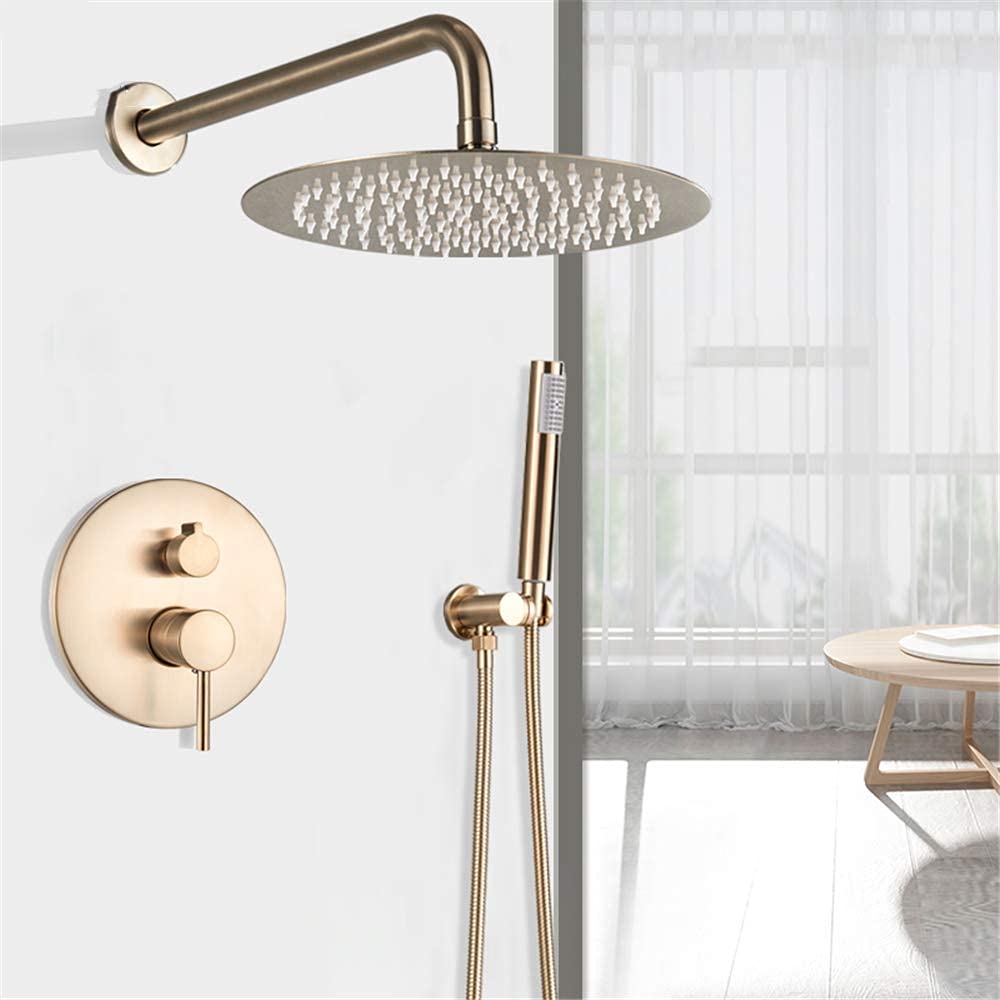 OZBMA Water Tap Bath Shower Systems Set, Wall Mounted 8/10/12/16 inch Big Rain Head, Brushed Gold Rainfall Faucet Set with Hand Shower,12 inch,12 (16 Tum 16 tum)
