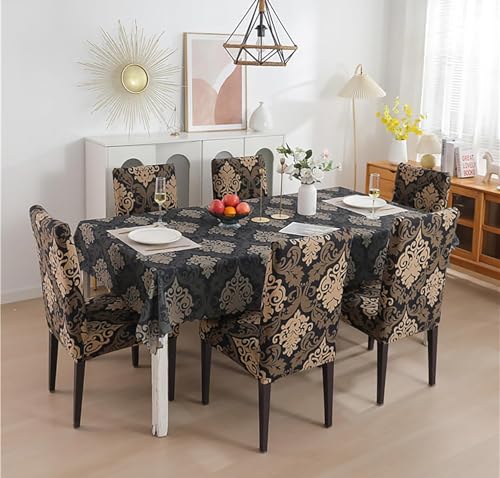 Image of Styleys Dining Chair Cover with Table Covers for Kitchen Waterproof Dining Table Cloth (1 Table Cover + 6 Chair Cover, Royal Black /Gold, CTSLMC123)