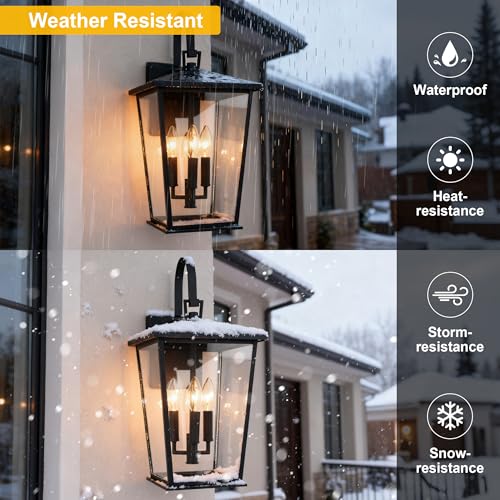 Image of Kalium Modern Outdoor Wall Sconce Fixture 20 1 /2 inch, Matte Black, 3-Light Exterior Wall Mount Lighting with Clear Glass Panels for House Porch Patio Outside Deck Garage Yard Front Door Garden Home